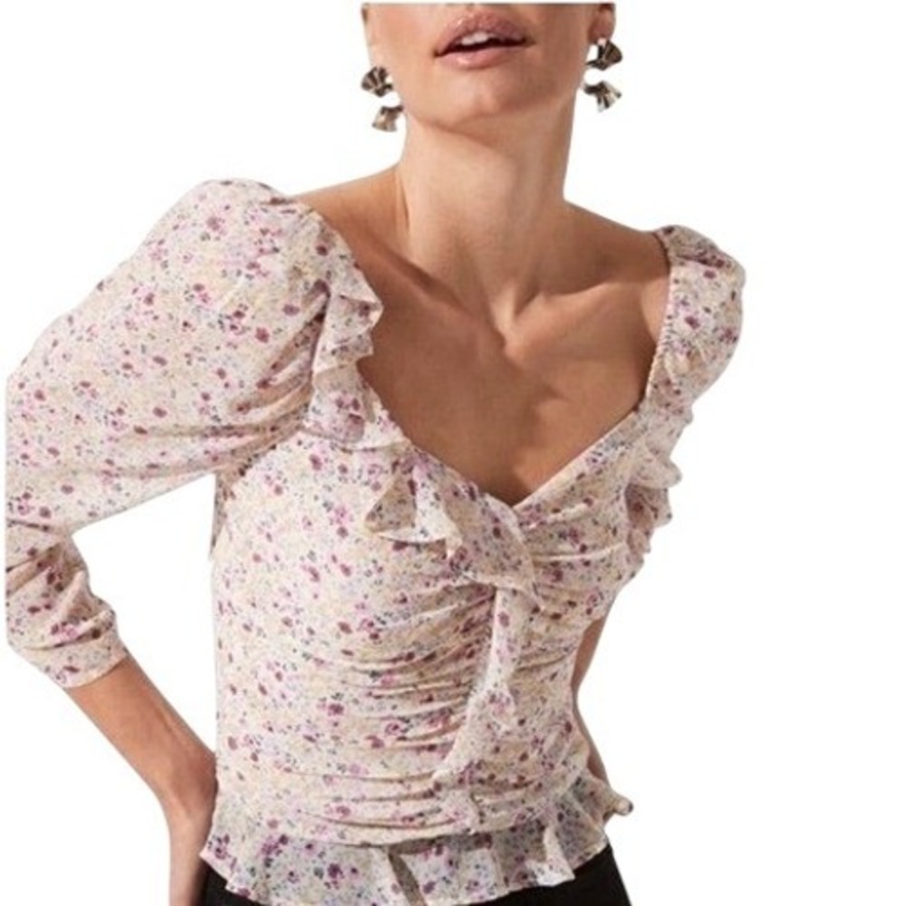 ASTR the Label Ditsy Floral Blouse Women XL Pink Purple Ruffle Ruched Coquette